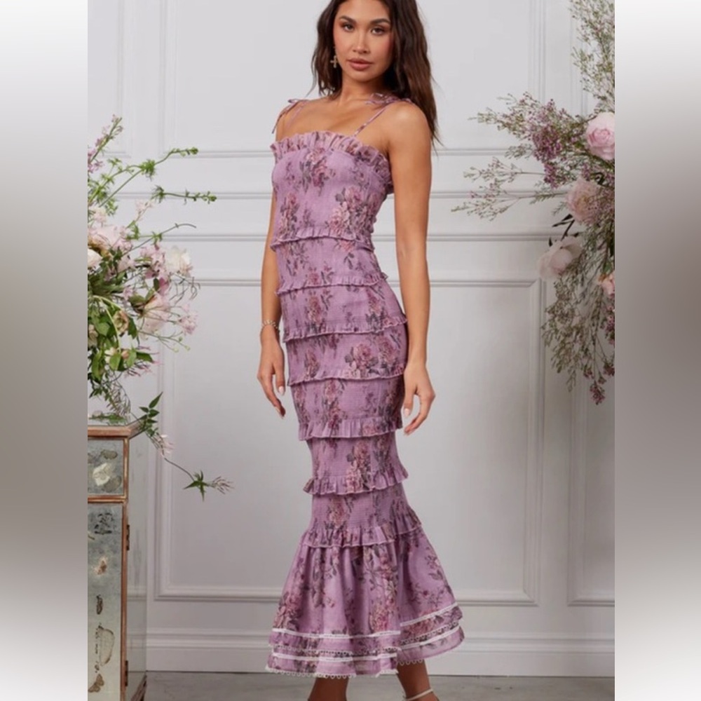 V. Chapman Lavender Floral Strapless Tiered Ruffle Dress